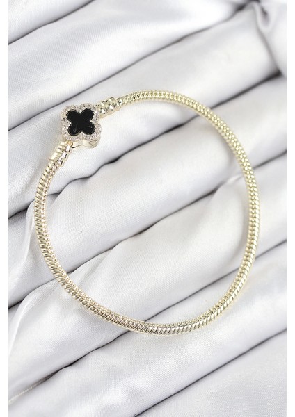 Bfs Pirinç Charm Zirkon Taşlı Yonca Model Gold Renk Kadın Bileklik