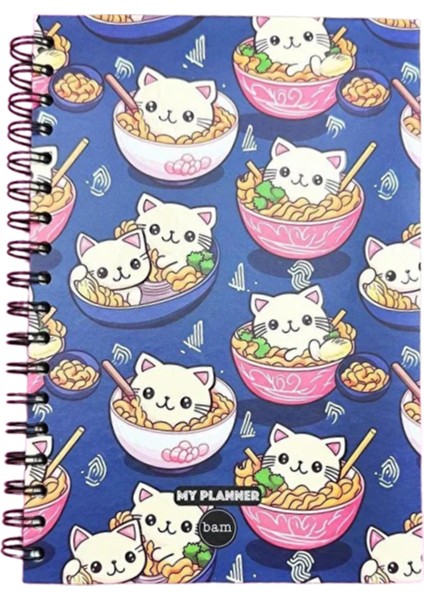 Kedi Noodle Tasarımlı Spiralli Sticker'lı Tarihsiz Konuşan Ajanda Haftalık Planlayıcı Defter