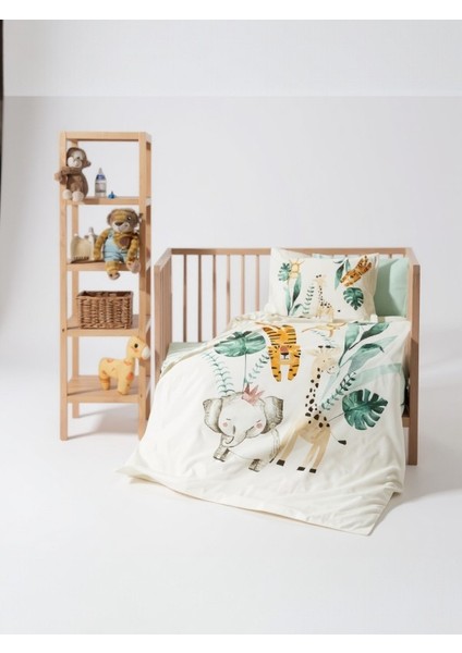 Jungle Bebek Nevresim Takımı – %100 Pamuk, Ekru Hayvan Desenli