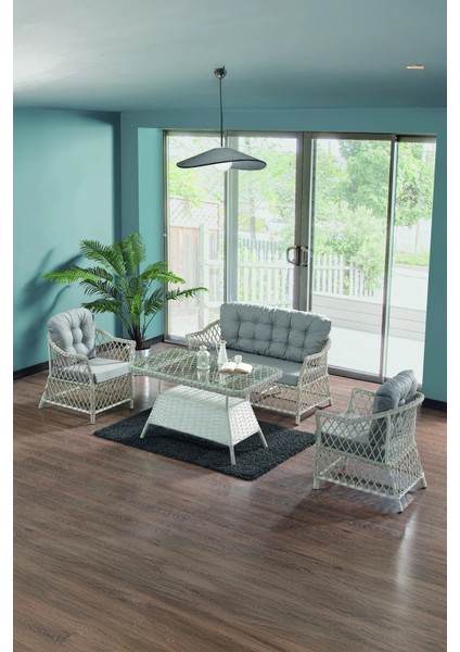 Rattan Icon Bahçe Mobilyası 2+1+1+Camlı Masa