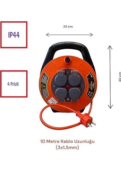 Kablo Makarası – 10 Metre, 4 Prizli, IP44 Kapaklı, 230V 16A, 1000W – Taşınabilir Çanta Tipi Uzatma Kablosu (3x1.5mm² Cca) 10315-F Bylion fiyatları