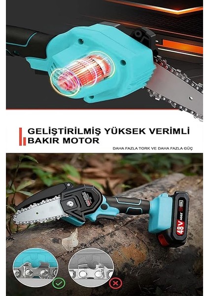 Çift Akülü Çift Zincirli Budama Testeresi Taşıma Çantalı 48V Şarjlı Testere Eldiven Hediyeli modelleri