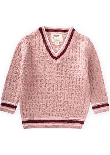 Saç Örgü V Yaka Kazak 2-9 Yaş Pudra Pembe