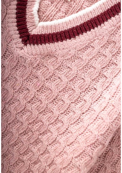 Saç Örgü V Yaka Kazak 2-9 Yaş Pudra Pembe modelleri