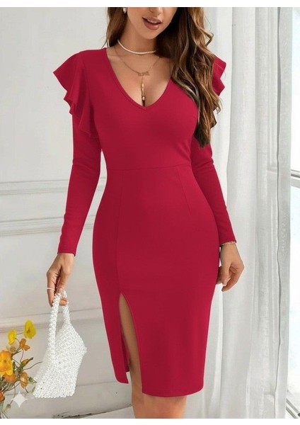 Kadın Uzun Kollu V Yakalı Yandan Yırtmaçlı Midi Ithal Krep Elbise modelleri