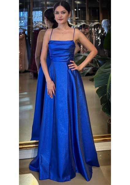 Saks Degaje Yaka Ip Askılı Sırt Dekolteli Kloş Etekli Saten Uzun Abiye Elbise 11104-01