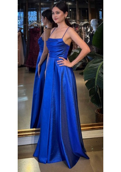 Saks Degaje Yaka Ip Askılı Sırt Dekolteli Kloş Etekli Saten Uzun Abiye Elbise 11104-01 fiyatları