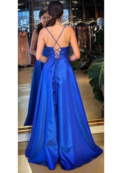 Saks Degaje Yaka Ip Askılı Sırt Dekolteli Kloş Etekli Saten Uzun Abiye Elbise 11104-01 indirimleri