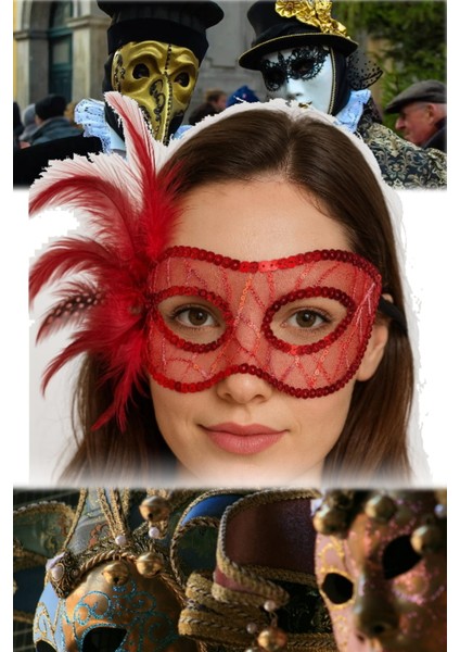 3 Adet Kırmızı Tüylü Payetli Parti Maskesi Yandan Tüylü, 23X12 cm | Maskeli Balo ve Kostüm Aksesuar