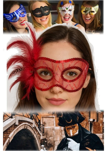 3 Adet Kırmızı Tüylü Payetli Parti Maskesi Yandan Tüylü, 23X12 cm | Maskeli Balo ve Kostüm Aksesuar modelleri