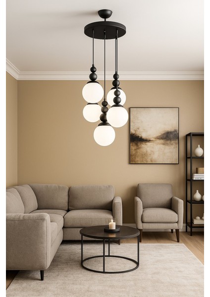 Spor Siyah Avize 5 Libeyaz Cam