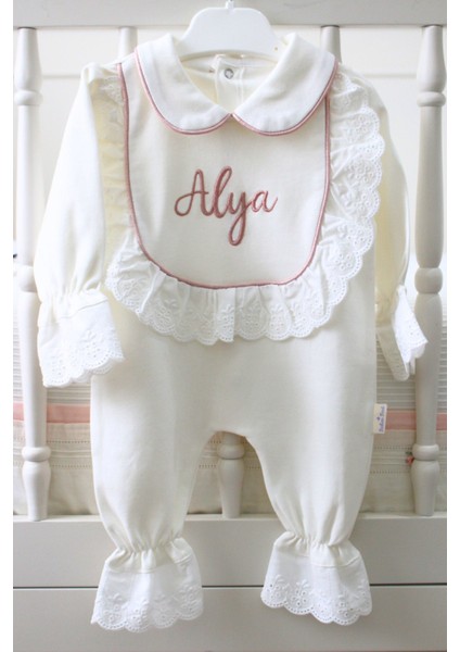 Dantelli Isme Özel 6 Parça Yenidoğan Set %100 Pamuk Tulum Battaniye Şapka Puset Örtü Yastık Eldiven