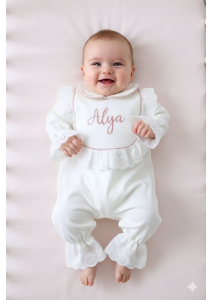 Dantelli Isme Özel 6 Parça Yenidoğan Set %100 Pamuk Tulum Battaniye Şapka Puset Örtü Yastık Eldiven fiyatları