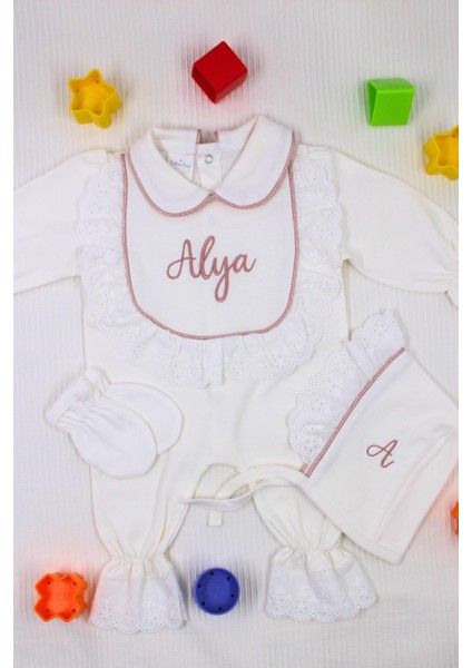 Dantelli Isme Özel 6 Parça Yenidoğan Set %100 Pamuk Tulum Battaniye Şapka Puset Örtü Yastık Eldiven fırsatları