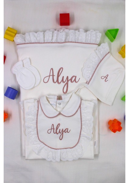 Dantelli Isme Özel 6 Parça Yenidoğan Set %100 Pamuk Tulum Battaniye Şapka Puset Örtü Yastık Eldiven indirimleri