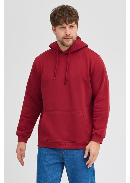 Erkek Bordo Standart Fit Normal Kesim Içi Polarlı 3 Iplik Kapüşonlu Pamuklu Sweatshirt modelleri