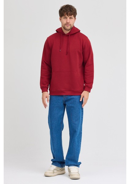 Erkek Bordo Standart Fit Normal Kesim Içi Polarlı 3 Iplik Kapüşonlu Pamuklu Sweatshirt fırsatları