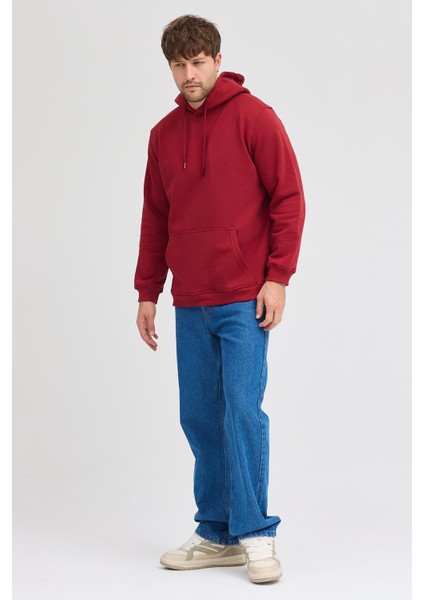 Erkek Bordo Standart Fit Normal Kesim Içi Polarlı 3 Iplik Kapüşonlu Pamuklu Sweatshirt indirimleri
