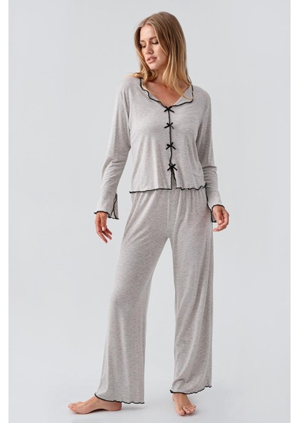 Uzun Kollu Kurdele Fiyonk Detaylı Esnek Viskoz Pijama Takım 18208 fiyatları