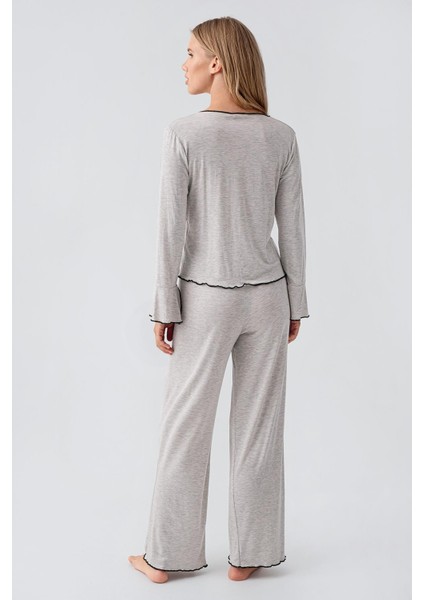 Uzun Kollu Kurdele Fiyonk Detaylı Esnek Viskoz Pijama Takım 18208 modelleri