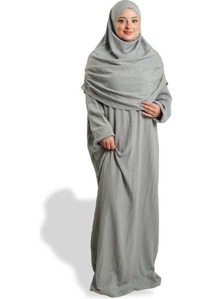 Gri Iki Parça Namaz Elbisesi Dokuma Kendinden Desenli 2502_15