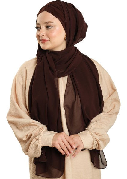 Kahve Pratik Hazır Geçmeli Bone Şal Şifon Drapeli 2507_14 fiyatları