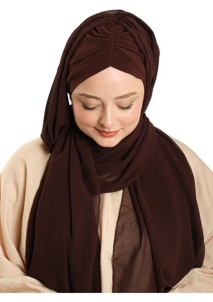 Kahve Pratik Hazır Geçmeli Bone Şal Şifon Drapeli 2507_14 modelleri