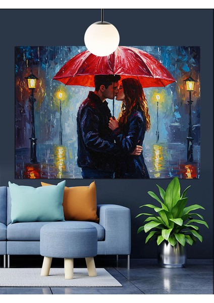 Yağmurda Şemsiyeli Çift Dekoratif Kanvas - Mdf Ahşap Tablo