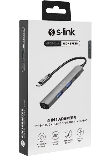 SWV-USBC024 4 In 1 Gri Metal Typec To 2*usb2.0 Usb-C, 3.5mm Aux Port Type C Adaptör modelleri