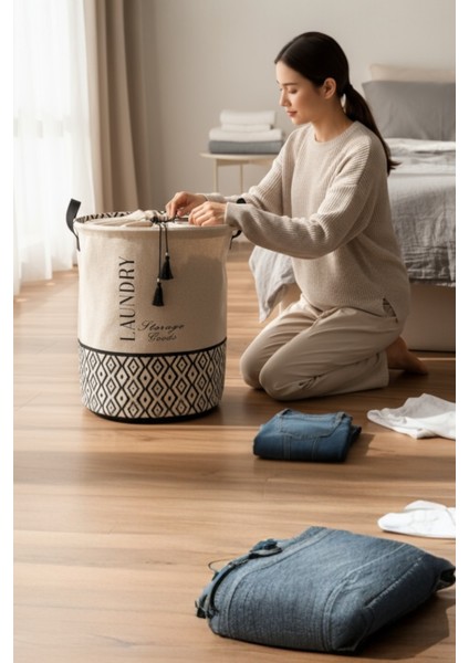 Büzgülü Çamaşır Sepeti – Bohem Alt Desenli, Üstü D