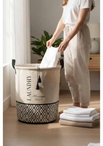 Büzgülü Çamaşır Sepeti – Bohem Alt Desenli, Üstü D