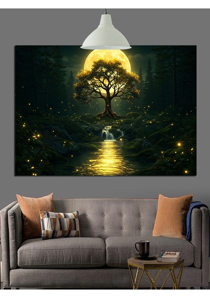 Aydınlık Ağaçlı Gece Manzarası Dekoratif Kanvas - Mdf Ahşap Tablo