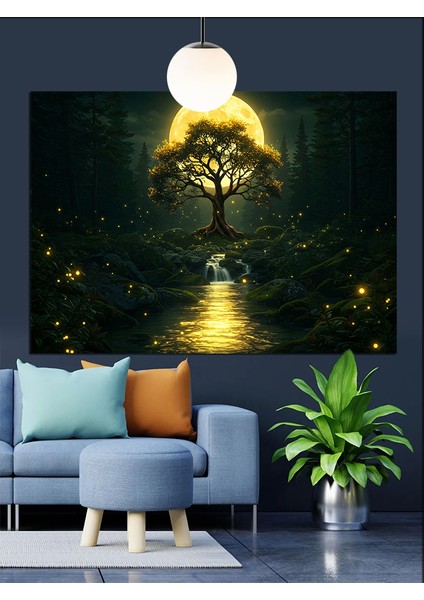 Aydınlık Ağaçlı Gece Manzarası Dekoratif Kanvas - Mdf Ahşap Tablo modelleri