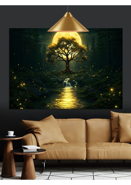 Aydınlık Ağaçlı Gece Manzarası Dekoratif Kanvas - Mdf Ahşap Tablo fırsatları