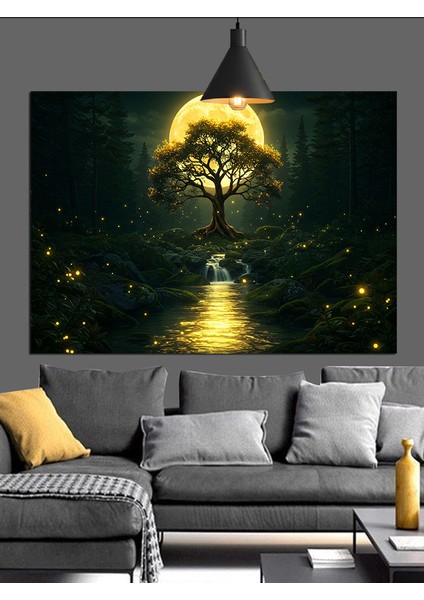 Aydınlık Ağaçlı Gece Manzarası Dekoratif Kanvas - Mdf Ahşap Tablo indirimleri