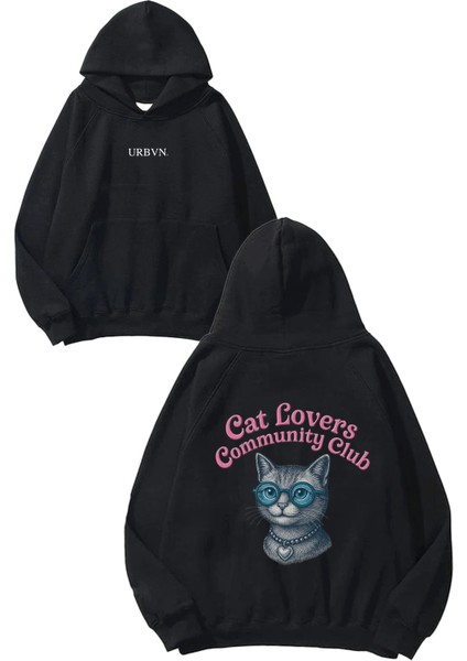 Cat Lovers Tasarım Baskılı Oversize Siyah Kapüşonlu Sweatshirt