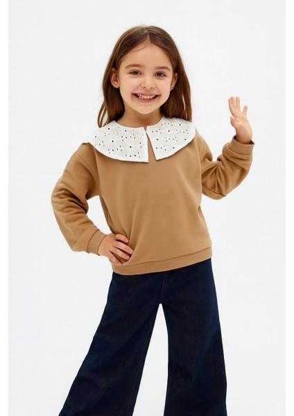 Kız Çocuk Brode Yaka %100 Pamuk Sweatshirt - Süs Brode Yakalı Çocuk Sweat
