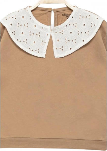 Kız Çocuk Brode Yaka %100 Pamuk Sweatshirt - Süs Brode Yakalı Çocuk Sweat modelleri