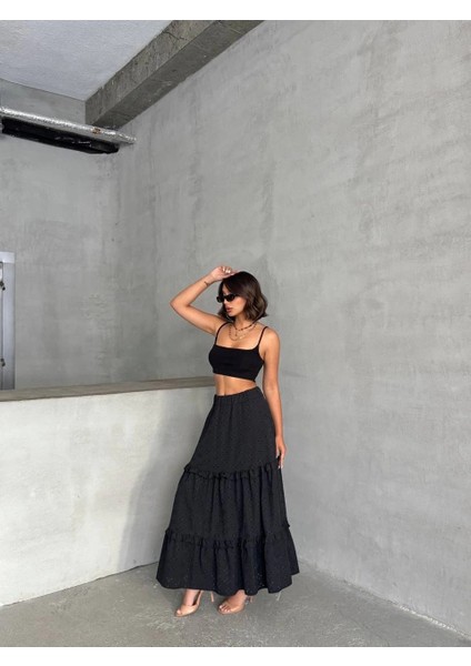 Fırfırlı Brodeli Astarlı Uzun Etek Siyah S255047