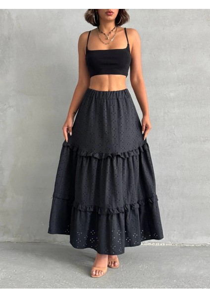 Fırfırlı Brodeli Astarlı Uzun Etek Siyah S255047
