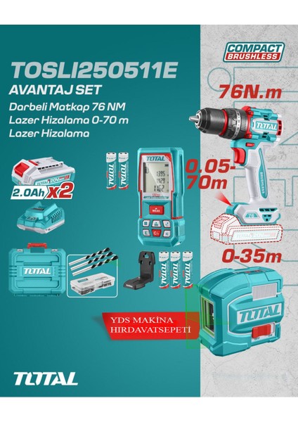 3'lü Akülü Matkap Lazer 0-70M Lazer Hizalama Set 2.0 Ah Çift Akü TOSLI250511E