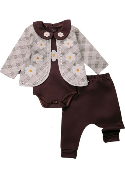 Mini Pakel 3-9 Aylık Kız Papatyalı Ceketli Üçlü TAKIM-1392300 - Kahverengi