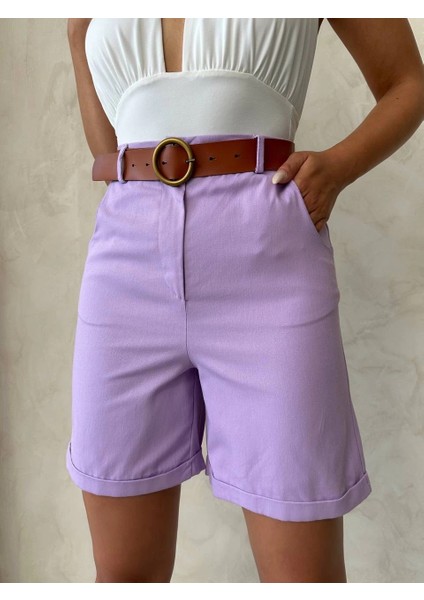 Kemerli Gabardin Şort Lila S25735 indirimleri