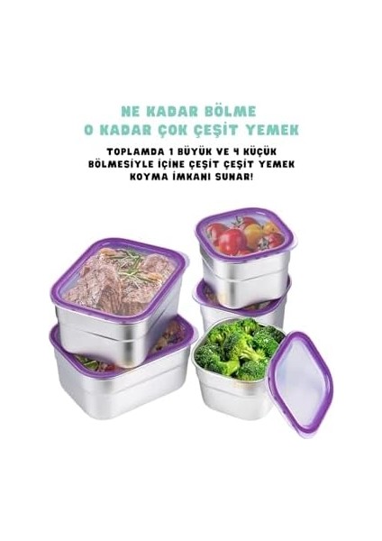 Bento 1000ML Lunchbox Tek Katlı 5 Bölmeli Çelik Sefer Tası Yemek Kutusu (Mor) modelleri