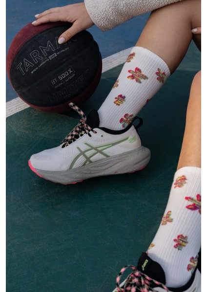 2'li Paket Siyah ve Beyaz Tabanı Havlu Neon Çiçek Desenli Dikişsiz Pamuklu Havlu Kadın Soket Çorap
