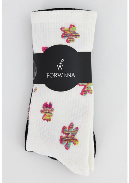 2'li Paket Siyah ve Beyaz Tabanı Havlu Neon Çiçek Desenli Dikişsiz Pamuklu Havlu Kadın Soket Çorap fırsatları