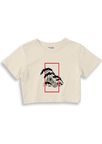 Perspektif Kanagawa Dalgası Crop Tişört - Ekru