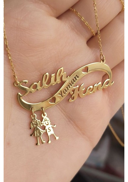 925 Ayar Gümüş 24 Ayar Altın Kaplama Çocuk Figürlü Isimli Sonsuzluk Kolye