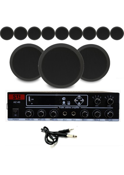12’li Siyah Tavan Hoparlörlü 100V Anfi Ses Sistemi | Kafe Mağaza Ofis Müzik Seti