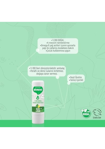 SIVENO%100 Doğal Dudak Koruyucu Nane & Limon Bitkisel Lipbalm Krem Nemlendirici Parlatıcı Onarıcı 6 G